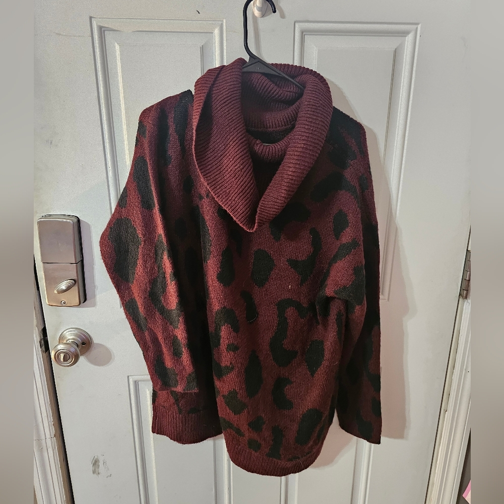 Cato Burgundy and Black Leopard Cowl Neck Sweater